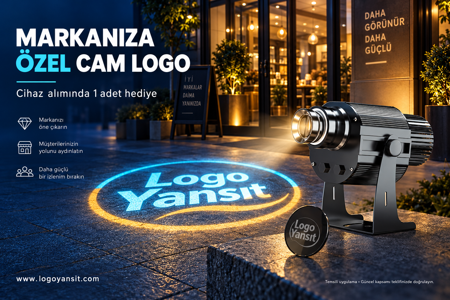 Logo Yansıt Cihazı Alımında Ücretsiz Cam Logo Hediye Ediliyor mu? 1 Projektör ve kişiye özel cam logo hediyesi için temsili gece afişi