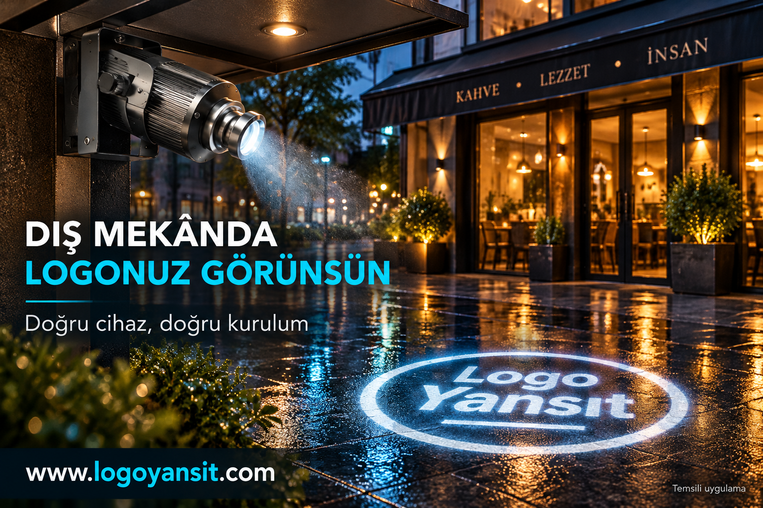 Logo Yansıtma Cihazı Dış Mekânda Kullanılır mı? Su ve Toz Koruması 1 Logo projektörüyle dış mekânda temsili gece yansıtması
