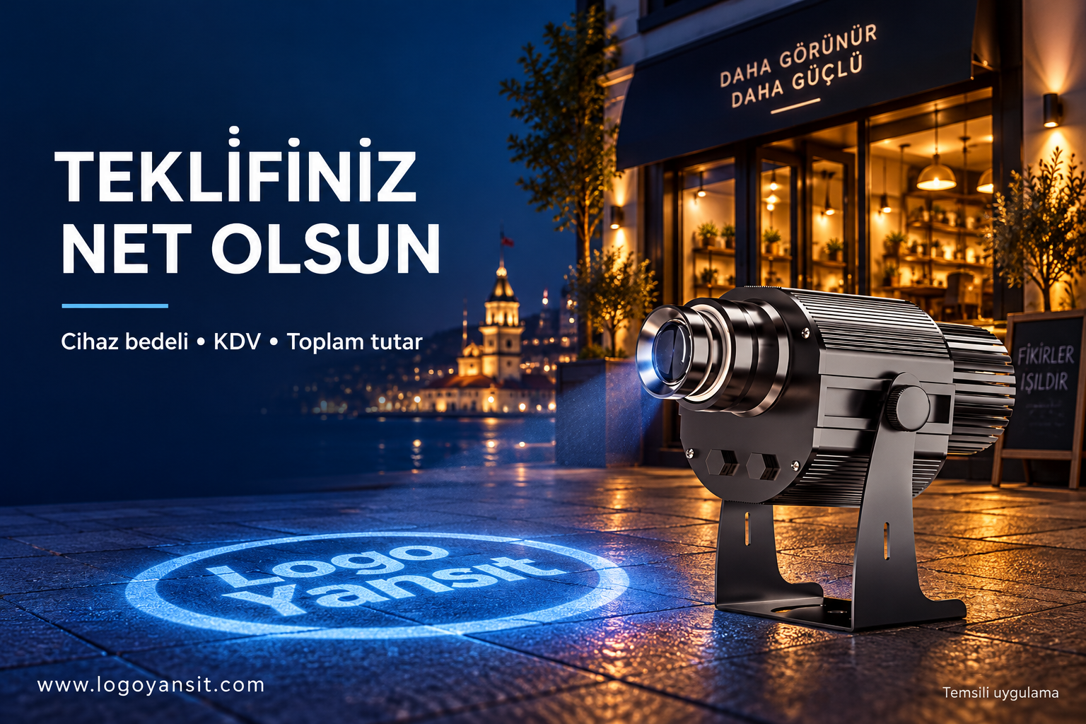Logo Yansıtma Cihazı Fiyatlarına KDV Dahil mi? 1 Logo projektörü fiyatı, KDV ve toplam tutar için temsili gece afişi