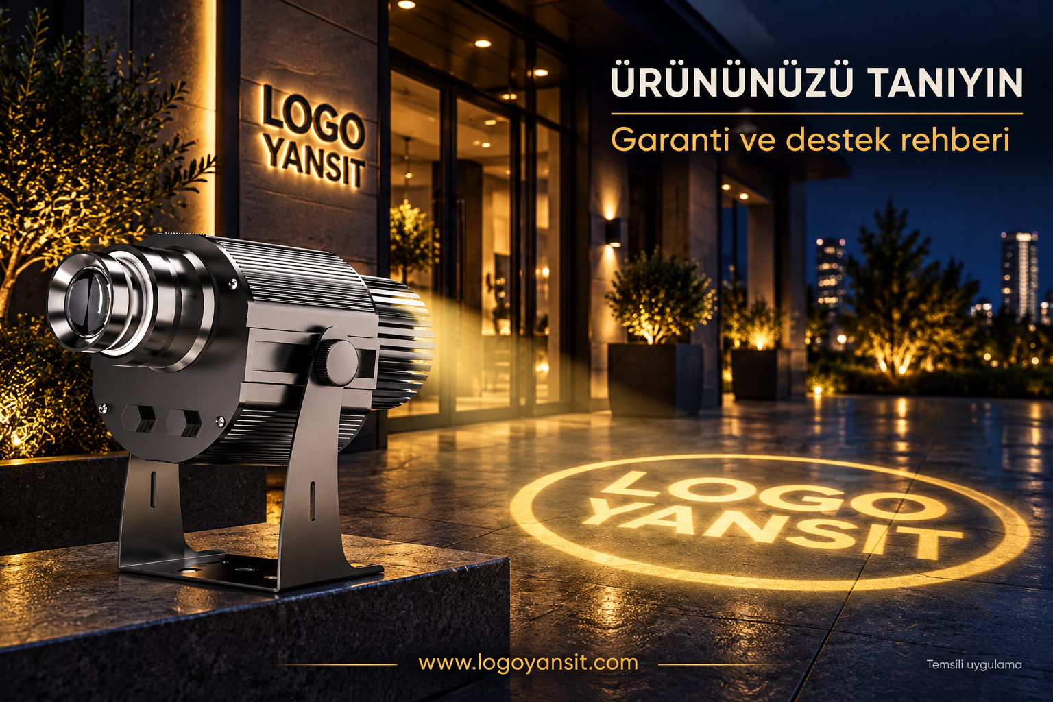 Logo Yansıtma Cihazlarının Garanti Süresi Nedir? 1 Logo projektörü garanti ve destek rehberi için temsili gece afişi