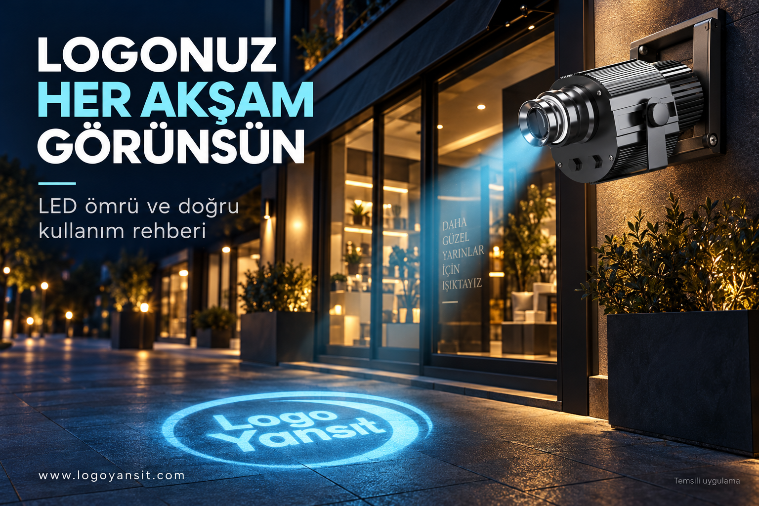 Logo Yansıtma Cihazının LED ve Kullanım Ömrü Ne Kadardır? 1 LED ömrü ve doğru kullanım rehberi için temsili gece logo yansıtması