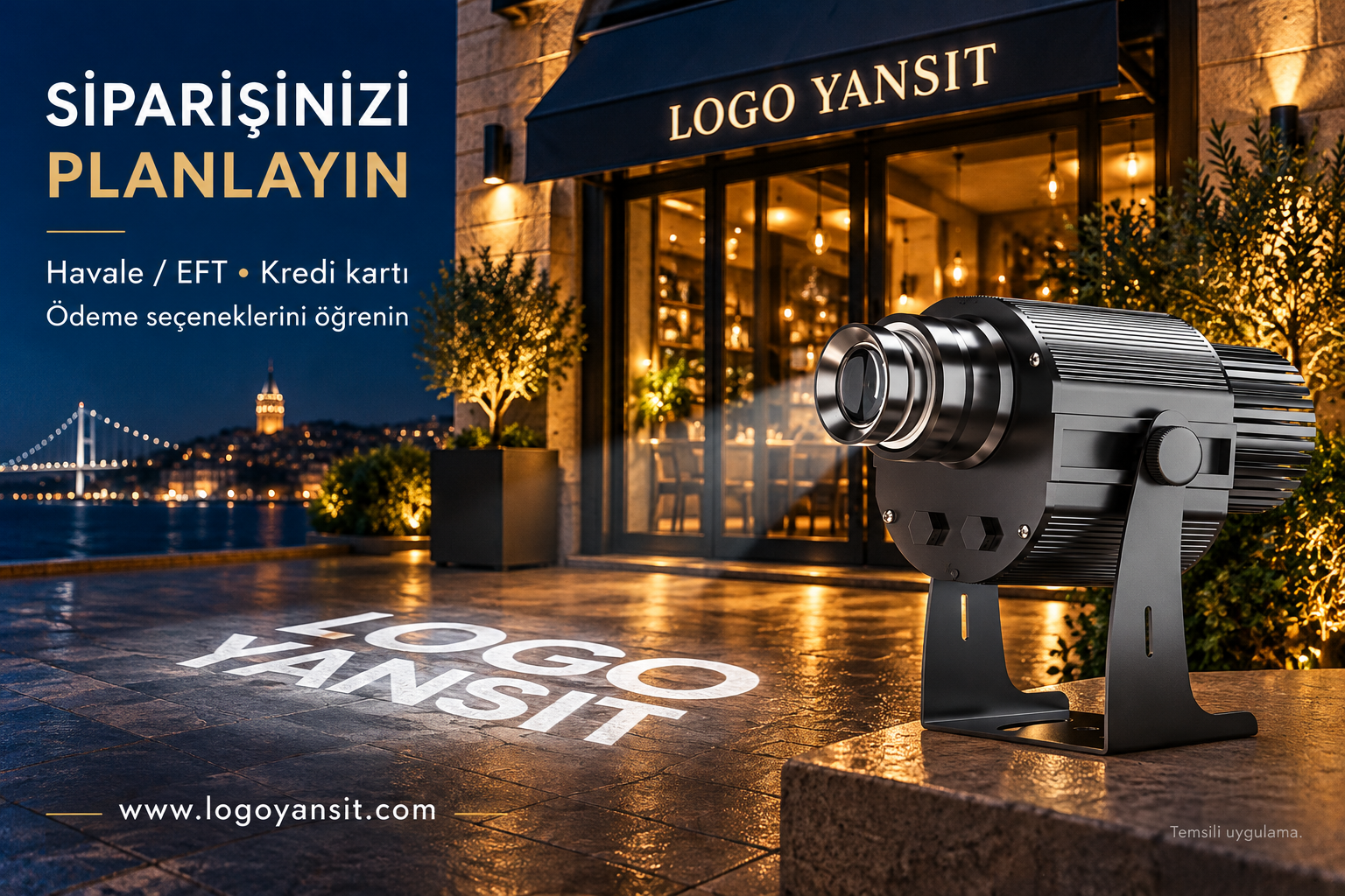 Logo Yansıt Ödeme Seçenekleri Nelerdir? 1 Logo projektörü ve ödeme seçenekleri için temsili gece afişi