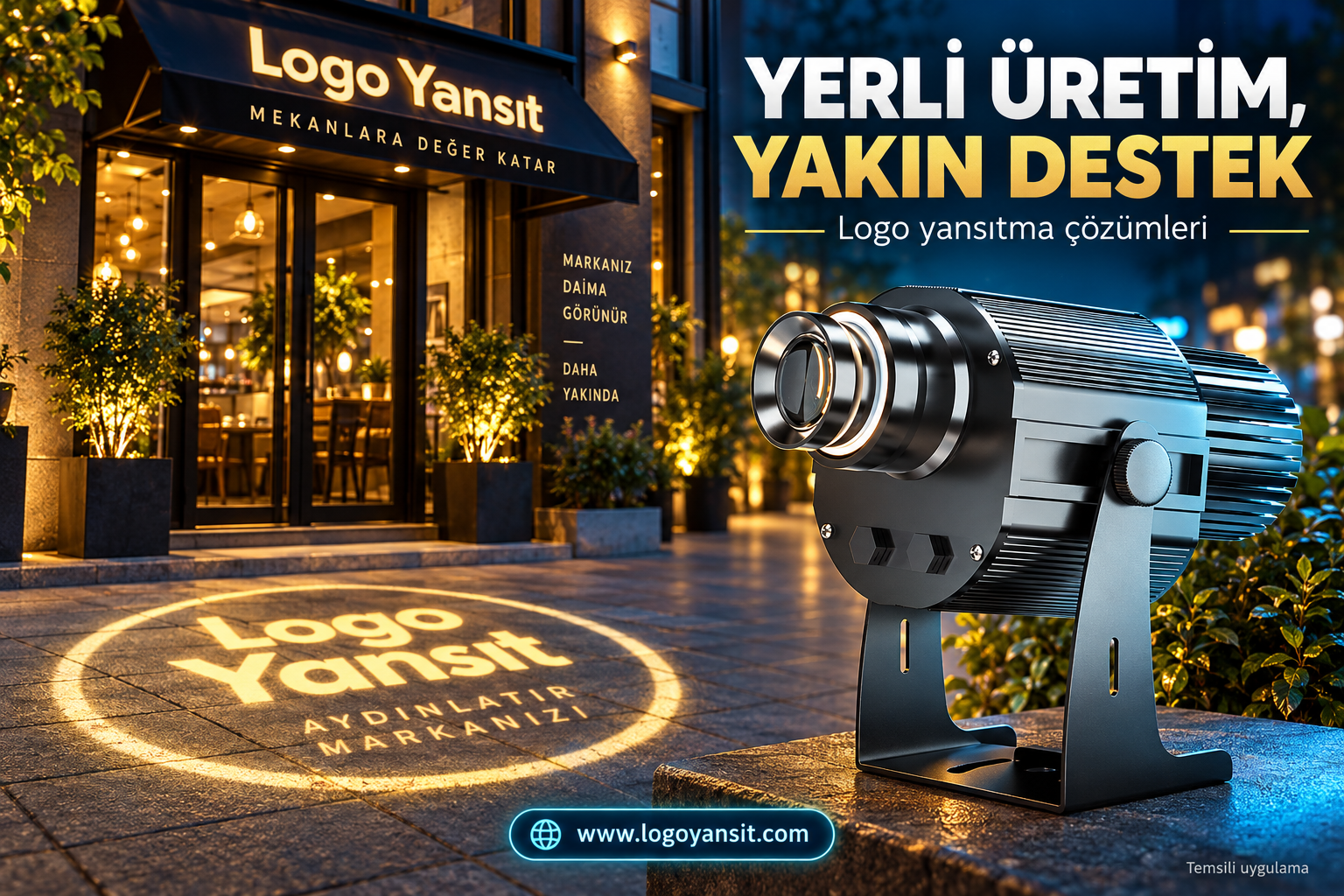 Logo Yansıt Cihazları Yerli Üretim midir? İşletmeler İçin Üretim ve Destek Rehberi 1 Yerli üretim ve yakın destek: Logo Yansıt projektörüyle temsili gece uygulaması